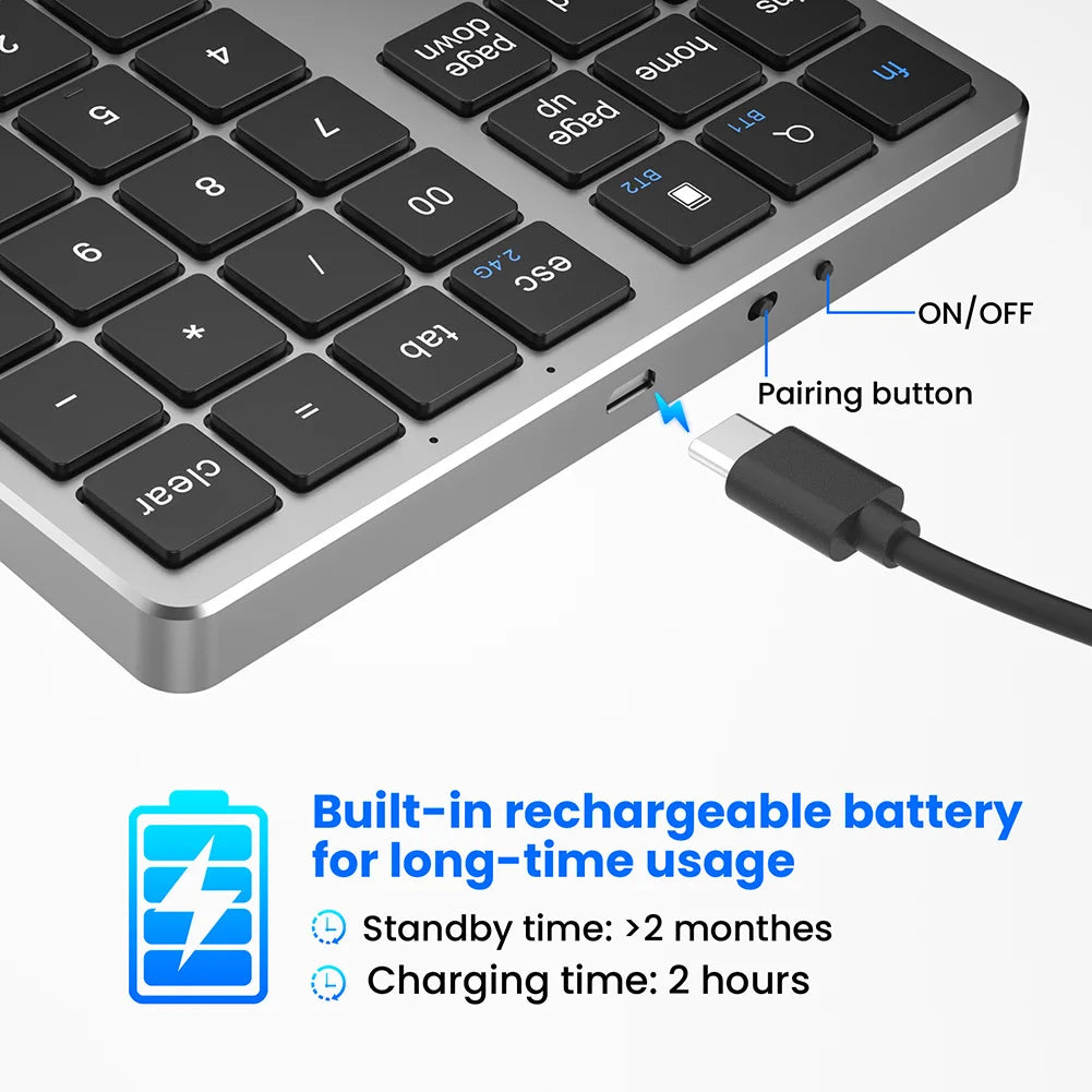 2.4G Bluetooth-Compatible Number Pad USB Rechargeable 35 Keys Digital Keyboard Ultra-thin Numpad Keyboard for Android IOS Window