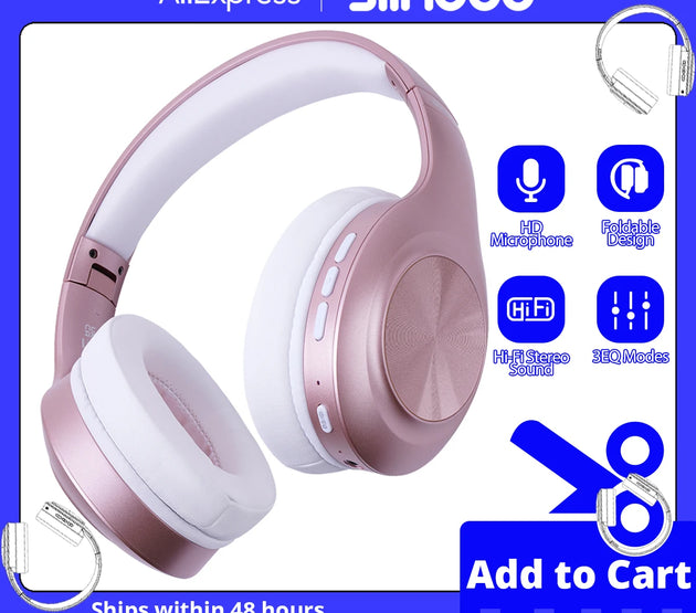 Siindoo JH-923 Foldable Bluetooth Headsets Wireless Headphones Over Ear 3EQ Sound Modes Hi-Res Audio with Mic Deep Bass Rose Red