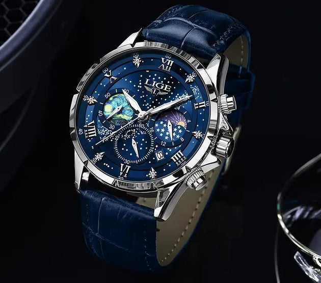 LIGE Mens Watch Luxury Waterproof Male Clock Moon Phase Date Casual Blue Leather Quartz Wrist Watch Men Chronograph Montre Homme