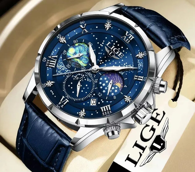 LIGE Mens Watch Luxury Waterproof Male Clock Moon Phase Date Casual Blue Leather Quartz Wrist Watch Men Chronograph Montre Homme