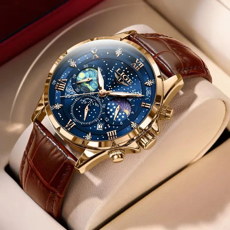 LIGE Mens Watch Luxury Waterproof Male Clock Moon Phase Date Casual Blue Leather Quartz Wrist Watch Men Chronograph Montre Homme