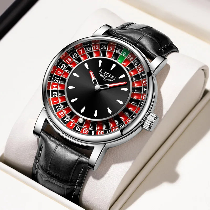 LIGE Russian Roulette Dial Man Watch Creative Wheel Man Wristwatches Business Leather Luminous Move Lucky Ball Watch+Gift BOX