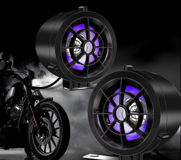 Pair– Waterproof Motorcycle Audio Player: Bluetooth, FM, MP3 (TF/USB), LED Lighting, Anti-Theft Alarm & Remote Audio Speakers