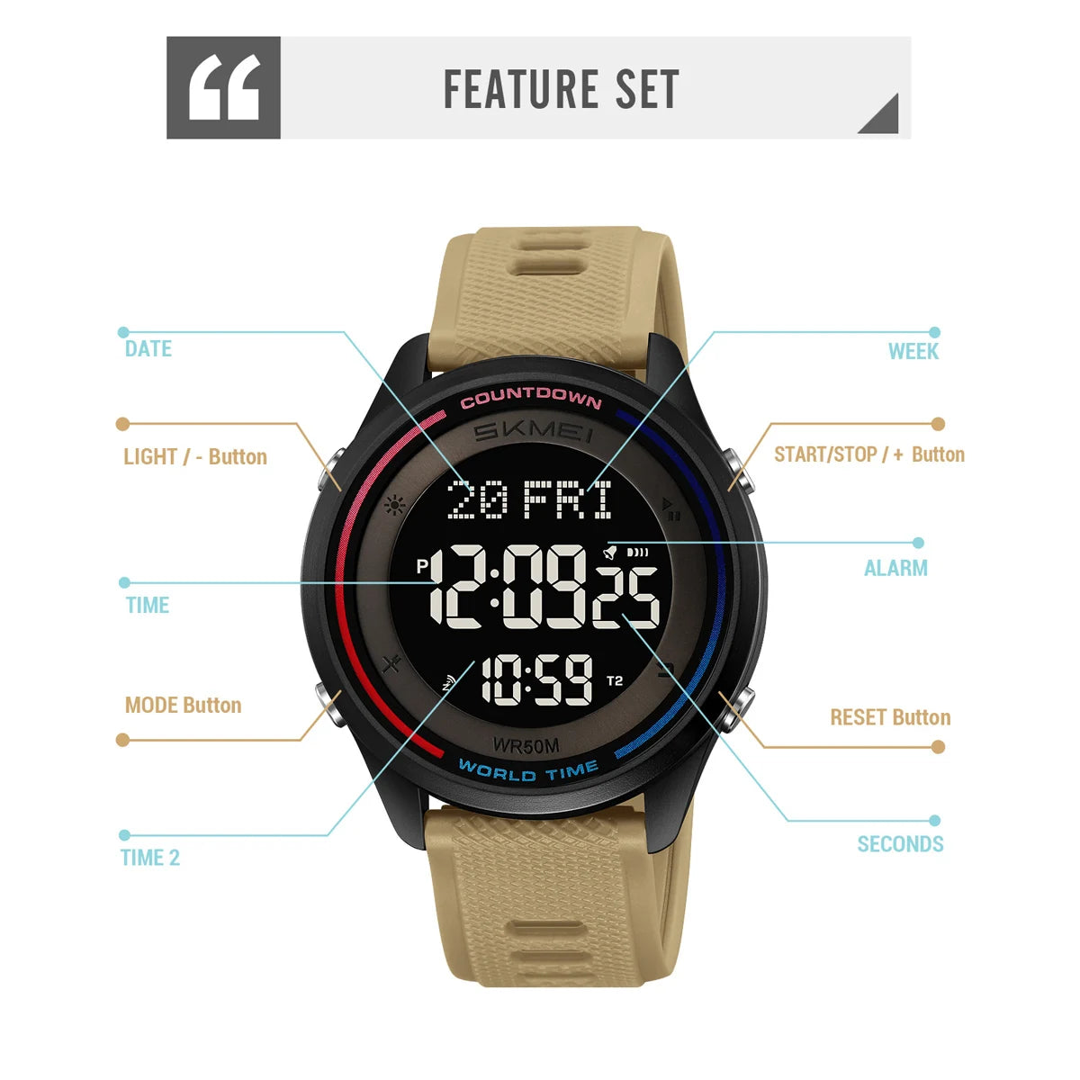 SKMEI Multifunctional Fashion Digital Wristwatch For Men Women Outdoor LED Light Waterproof Watches Sports Chrono Military Watch