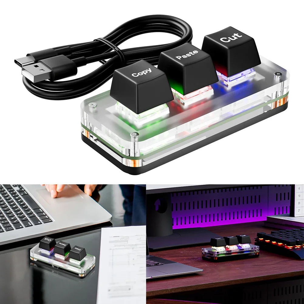 Mini 3-Key Cut Copy Paste Ctrl X C V Shortcut RGB Macro OSU Keypad Programmable Mechanical Keyboard for Gaming or Working