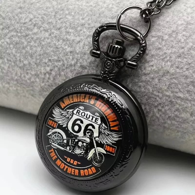 Vintage Cool Motorbike Route 66 American The Mother Road Pocket Watch Design, Precise Quartz Movement Watch Gift for Male Kids