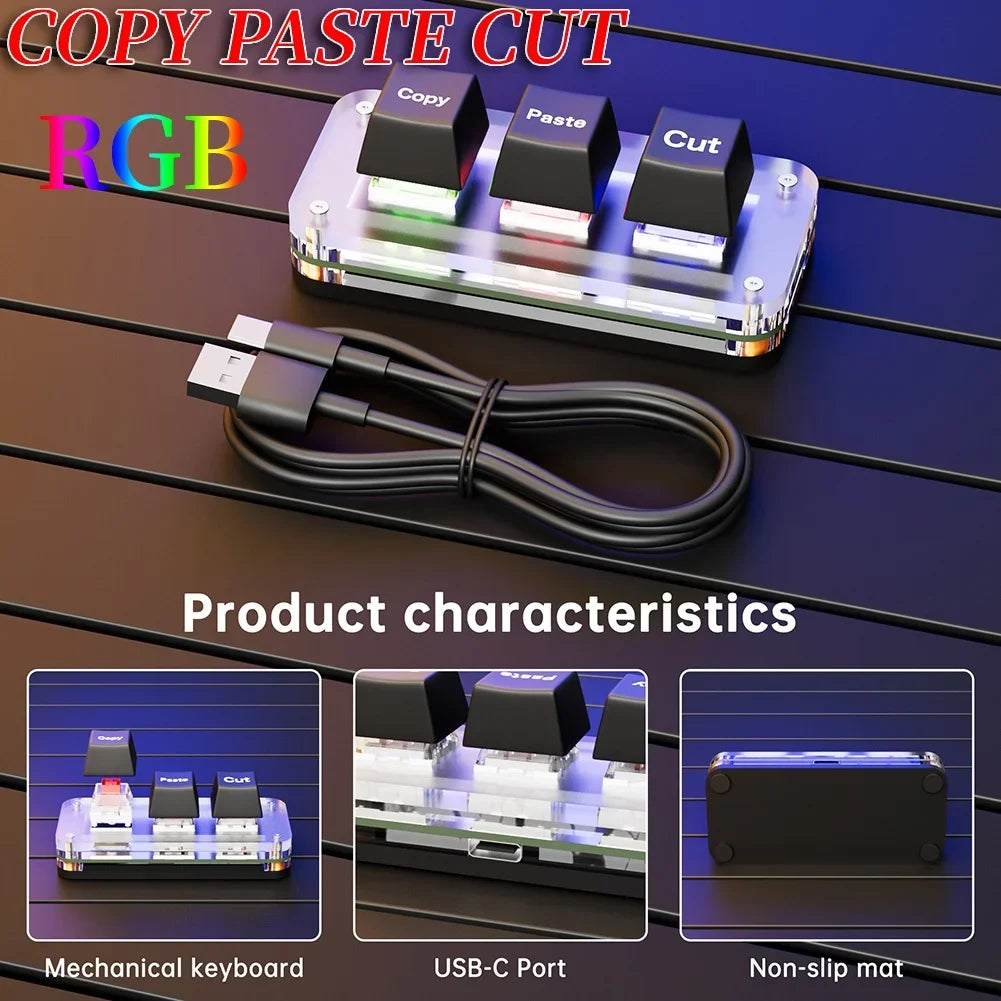 Mini 3-Key Cut Copy Paste Ctrl X C V Shortcut RGB Macro OSU Keypad Programmable Mechanical Keyboard for Gaming or Working