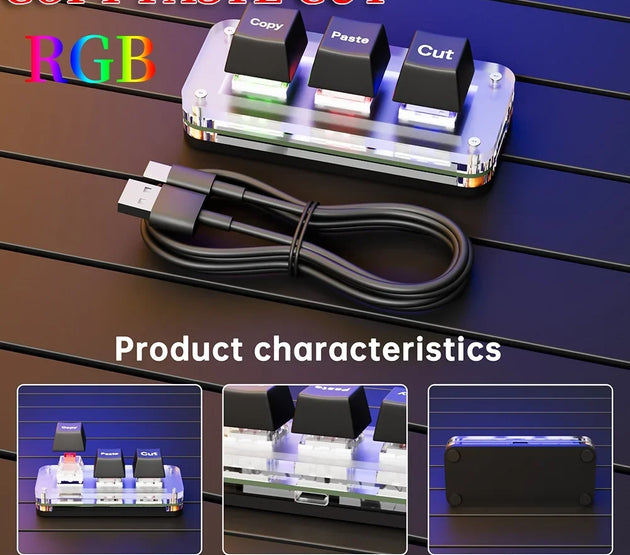 Mini 3-Key Cut Copy Paste Ctrl X C V Shortcut RGB Macro OSU Keypad Programmable Mechanical Keyboard for Gaming or Working