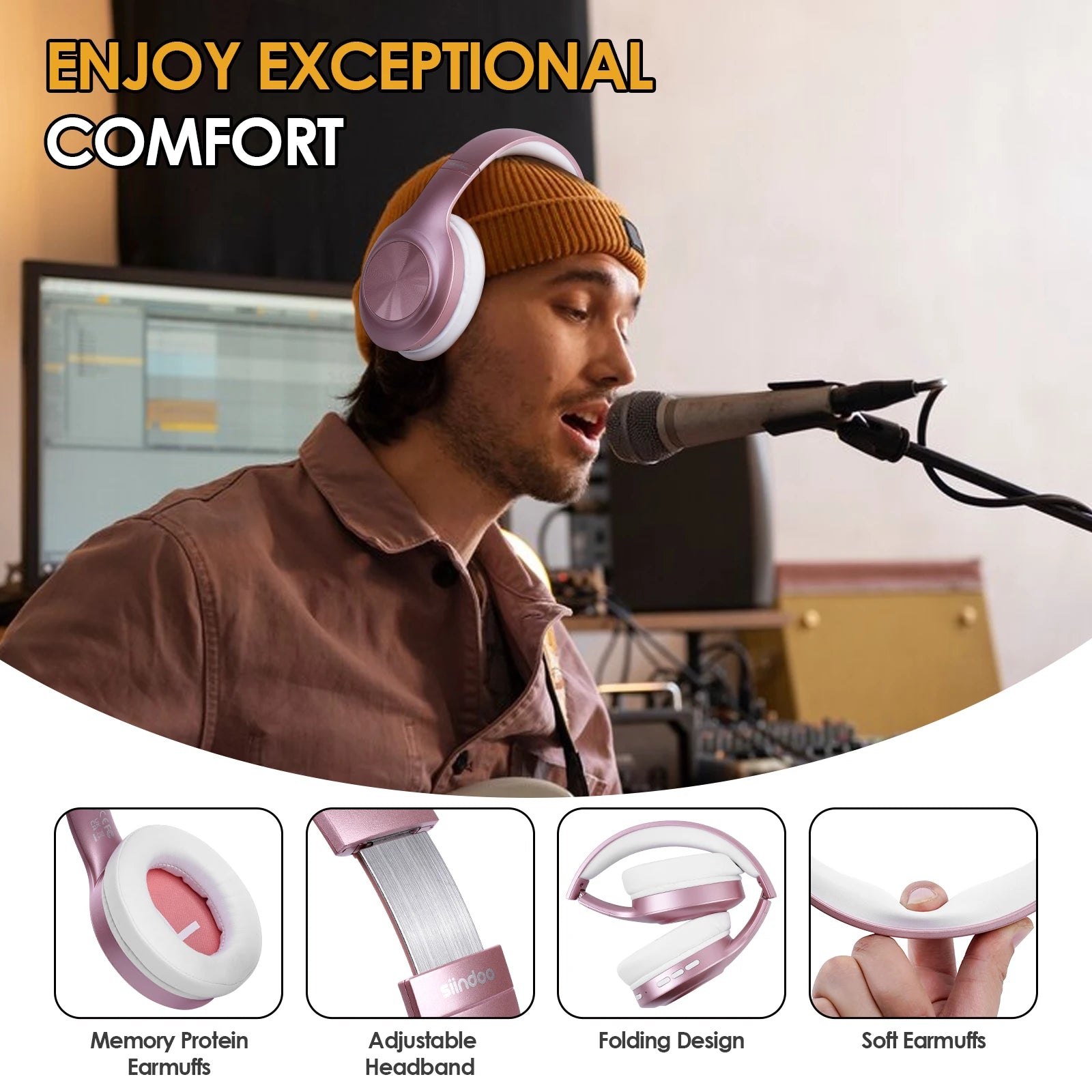 Siindoo JH-923 Foldable Bluetooth Headsets Wireless Headphones Over Ear 3EQ Sound Modes Hi-Res Audio with Mic Deep Bass Rose Red