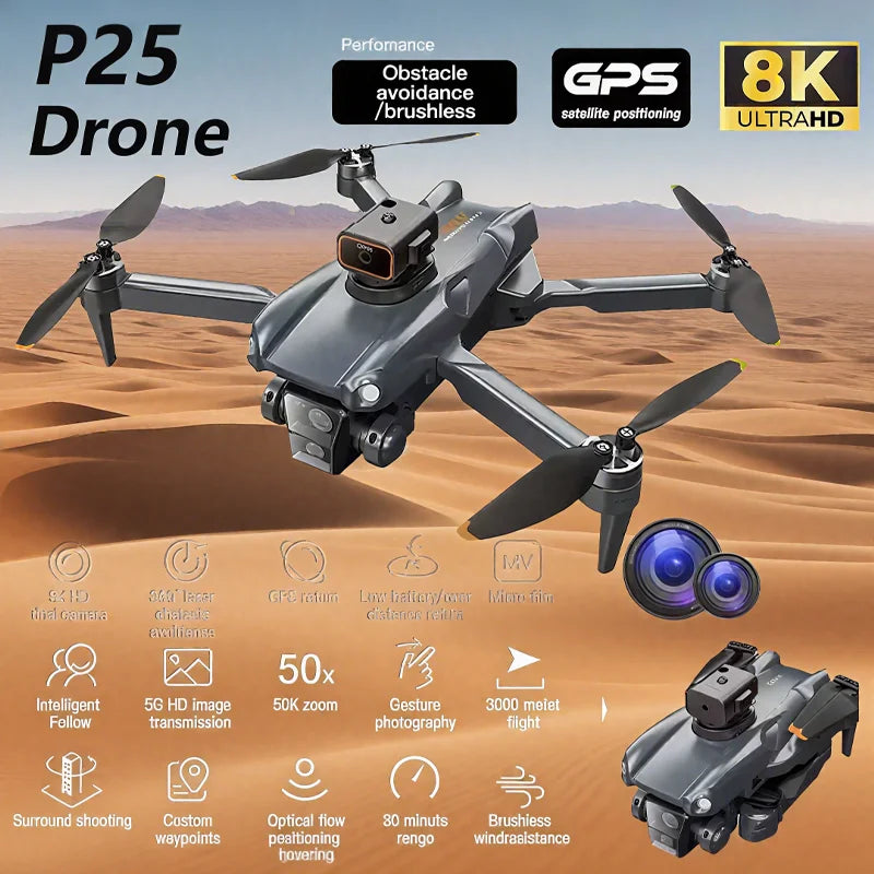 P25 Drone 8K Professional HD Dual Camera Brushless Remote Control 360° Intelligent Obstacle Avoidance Foldable Quadcopter Toys