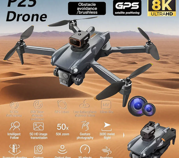 P25 Drone 8K Professional HD Dual Camera Brushless Remote Control 360° Intelligent Obstacle Avoidance Foldable Quadcopter Toys