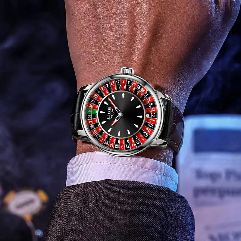 LIGE Russian Roulette Dial Man Watch Creative Wheel Man Wristwatches Business Leather Luminous Move Lucky Ball Watch+Gift BOX