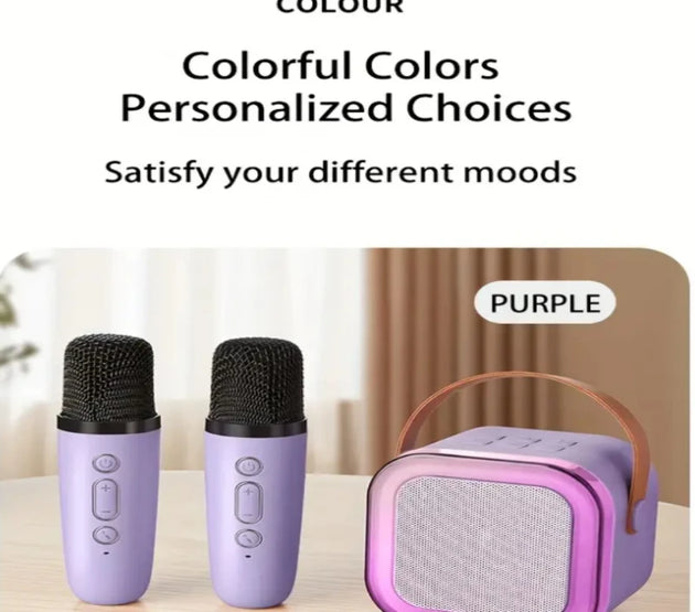 Portable Bluetooth Karaoke Speaker with Dual Wireless Mics RGB LED Lights & Rechargeable Battery for High-Quality Sound