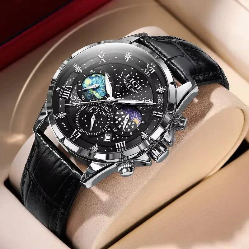 LIGE Mens Watch Luxury Waterproof Male Clock Moon Phase Date Casual Blue Leather Quartz Wrist Watch Men Chronograph Montre Homme