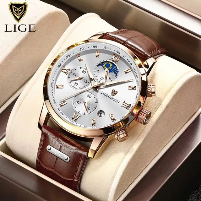 LIGE Luxury Sports Watch For Men Waterproof Luminous Date Chronograph Man Wristwatch Leather Quartz Men's Watches Male Reloj