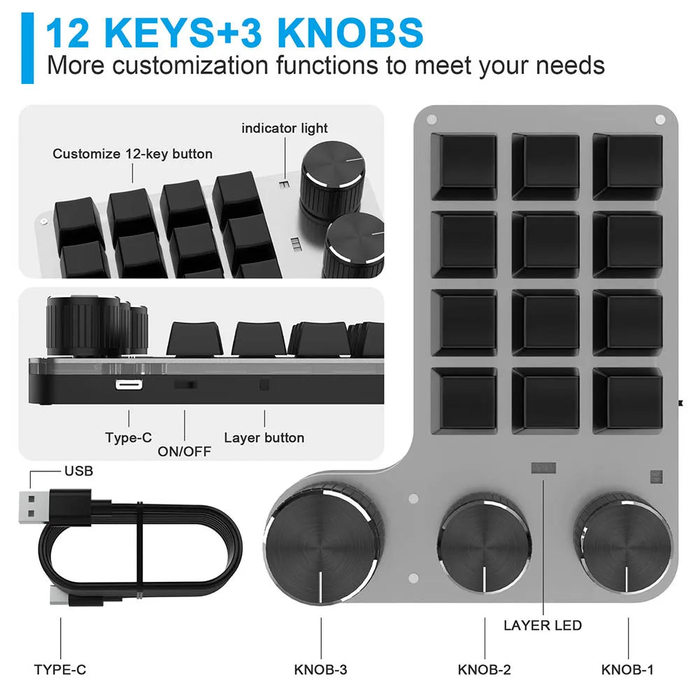 Programmable Keyboard Custom PC 12 Key 3 Knob Bluetooth/USB Wired Customized Hot Swap Shortcut Key for PC Macbook Laptop