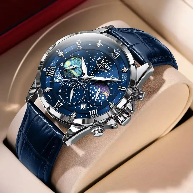 LIGE Mens Watch Luxury Waterproof Male Clock Moon Phase Date Casual Blue Leather Quartz Wrist Watch Men Chronograph Montre Homme