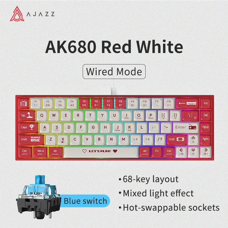 AJAZZ AK680 Mechanical Keyboard ABS Keycap 68 Keys Wired Wireless Bluetooth Gamer Keyboard Hot Swap Custom Gasket for Pc Laptop
