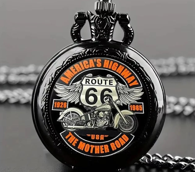 Vintage Cool Motorbike Route 66 American The Mother Road Pocket Watch Design, Precise Quartz Movement Watch Gift for Male Kids