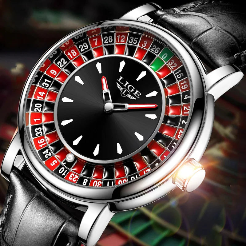 LIGE Russian Roulette Dial Man Watch Creative Wheel Man Wristwatches Business Leather Luminous Move Lucky Ball Watch+Gift BOX