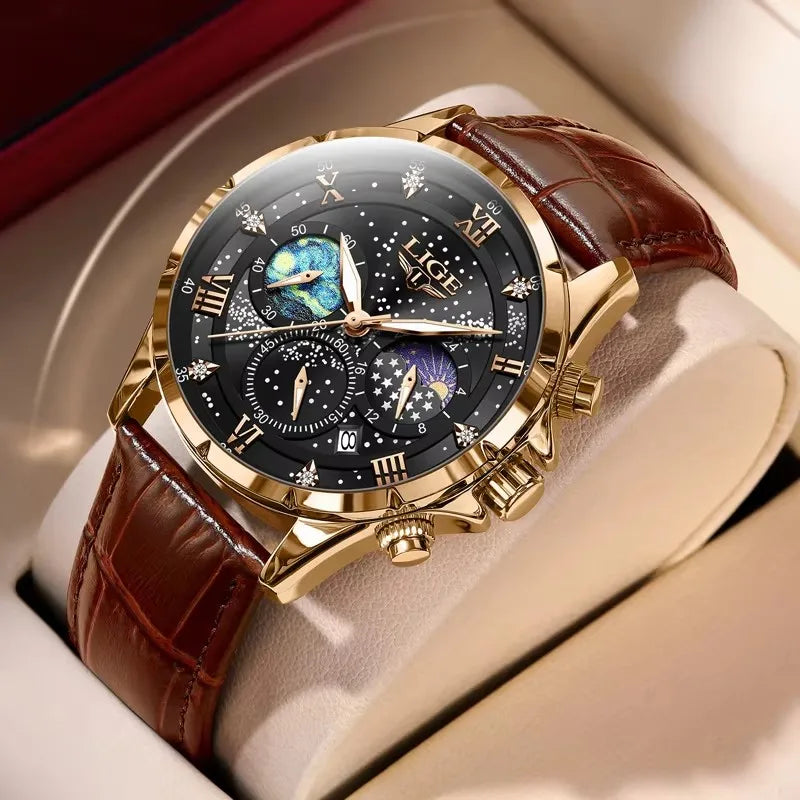 LIGE Mens Watch Luxury Waterproof Male Clock Moon Phase Date Casual Blue Leather Quartz Wrist Watch Men Chronograph Montre Homme