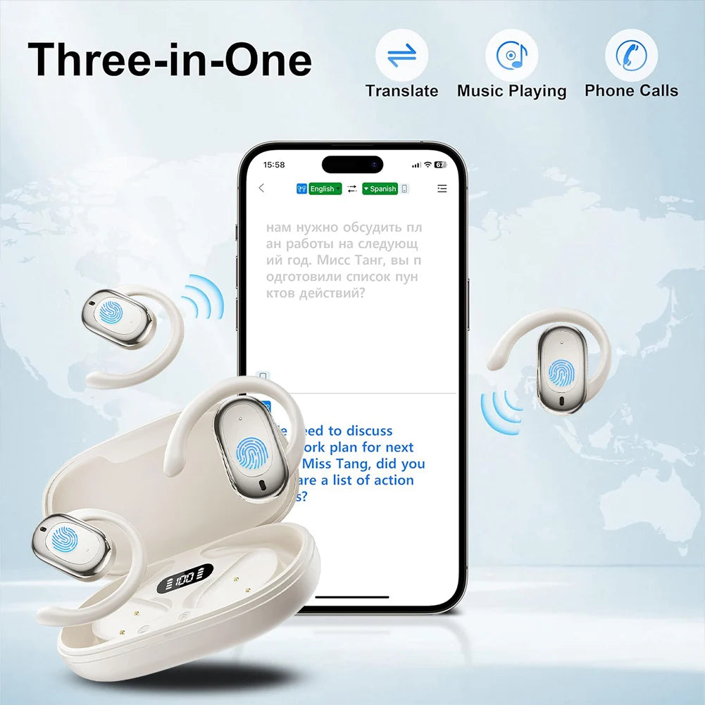 Bluetooth-Compatible TWS Adjustable Language Translator Earphone 144 Languages Wireless Open-Ear Headphones for Professionals