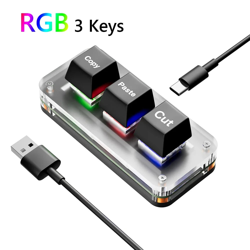 Mini 3-Key Cut Copy Paste Ctrl X C V Shortcut RGB Macro OSU Keypad Programmable Mechanical Keyboard for Gaming or Working