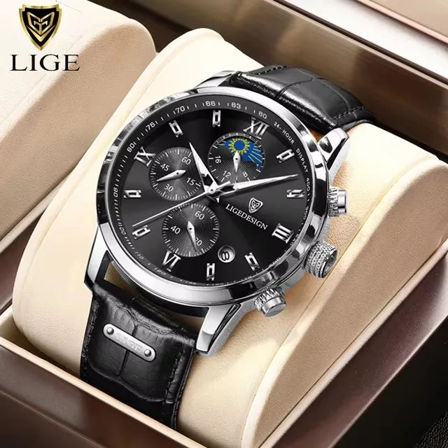 LIGE Luxury Sports Watch For Men Waterproof Luminous Date Chronograph Man Wristwatch Leather Quartz Men's Watches Male Reloj