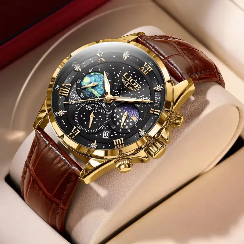 LIGE Mens Watch Luxury Waterproof Male Clock Moon Phase Date Casual Blue Leather Quartz Wrist Watch Men Chronograph Montre Homme