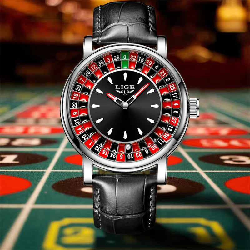 LIGE Russian Roulette Dial Man Watch Creative Wheel Man Wristwatches Business Leather Luminous Move Lucky Ball Watch+Gift BOX