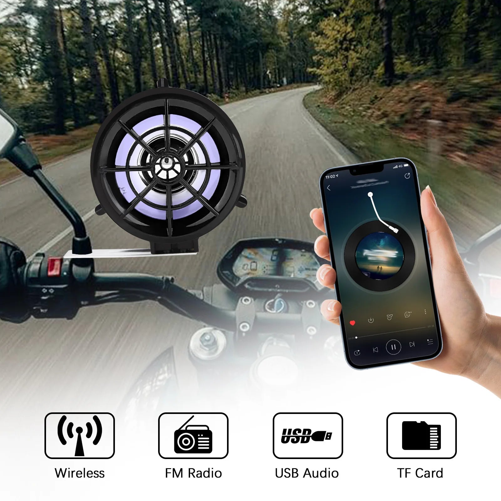 Pair– Waterproof Motorcycle Audio Player: Bluetooth, FM, MP3 (TF/USB), LED Lighting, Anti-Theft Alarm & Remote Audio Speakers
