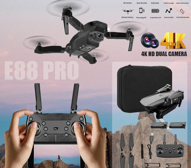 Hd 8k Drone E88 Pro Max Foldable Mini Rc Drone With Dual Camera Colorful Lights Screen Control Boys Gift 10 Min Flight Time