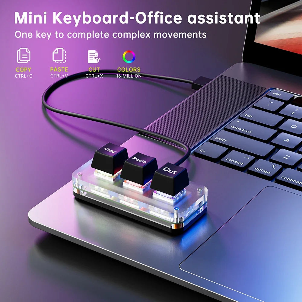 Mini 3-Key Cut Copy Paste Ctrl X C V Shortcut RGB Macro OSU Keypad Programmable Mechanical Keyboard for Gaming or Working