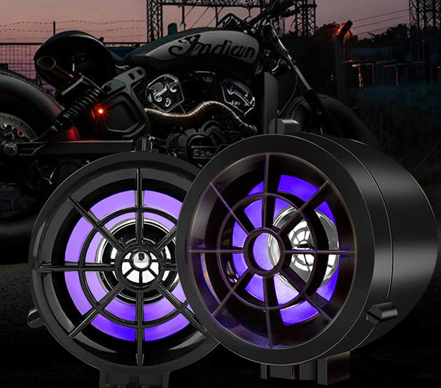 Pair– Waterproof Motorcycle Audio Player: Bluetooth, FM, MP3 (TF/USB), LED Lighting, Anti-Theft Alarm & Remote Audio Speakers