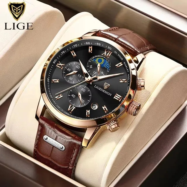 LIGE Luxury Sports Watch For Men Waterproof Luminous Date Chronograph Man Wristwatch Leather Quartz Men's Watches Male Reloj