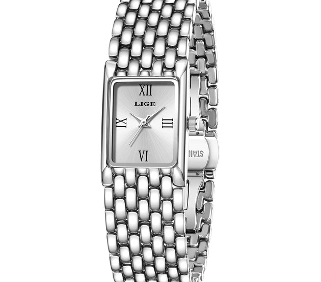 LIGE Light Luxury Retro Rectangle Classic Watches For Women Fashion Stainless Steel Womens Watch Vintage Quartz Wristwatches+Box