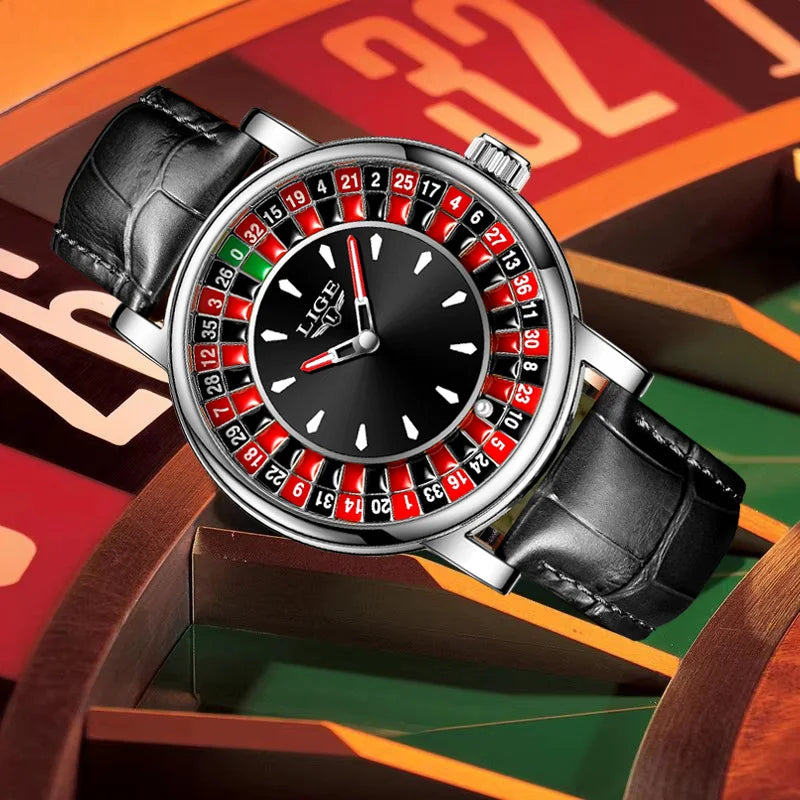 LIGE Russian Roulette Dial Man Watch Creative Wheel Man Wristwatches Business Leather Luminous Move Lucky Ball Watch+Gift BOX