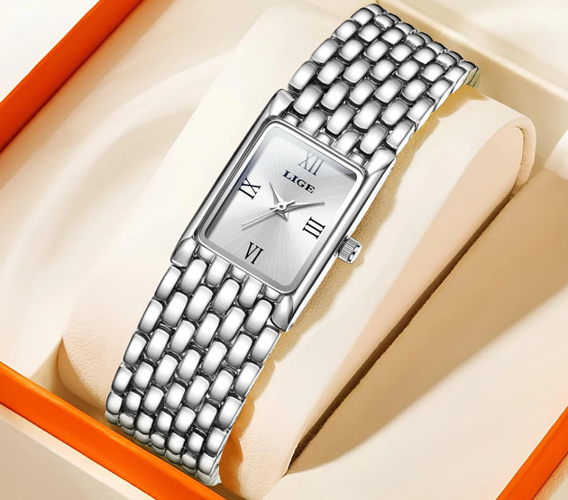 LIGE Light Luxury Retro Rectangle Classic Watches For Women Fashion Stainless Steel Womens Watch Vintage Quartz Wristwatches+Box